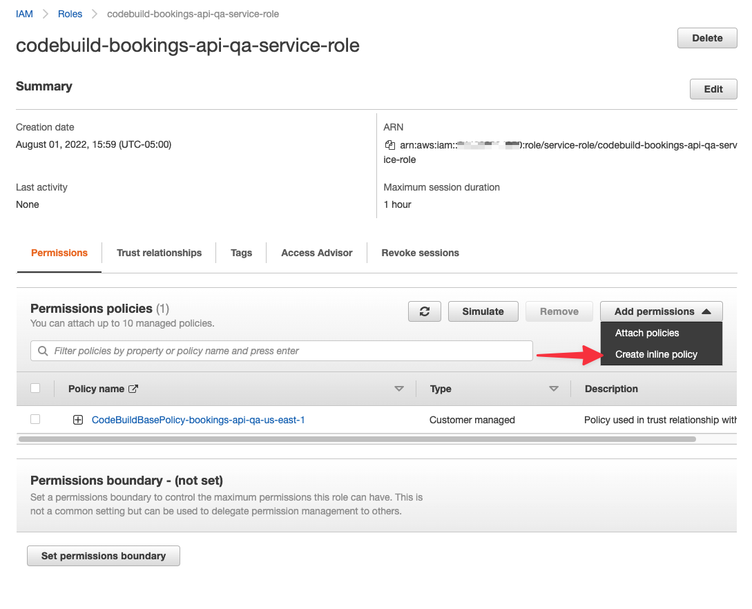 The IAM role with the option to Create inline policy highlighted.