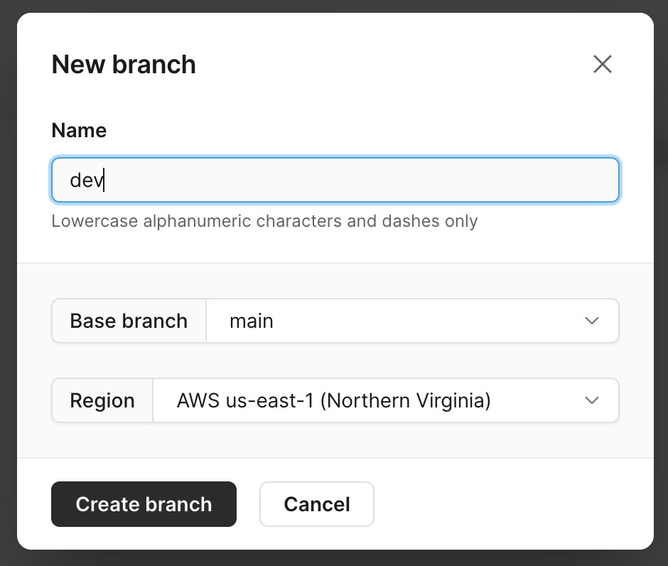 The New branch modal.