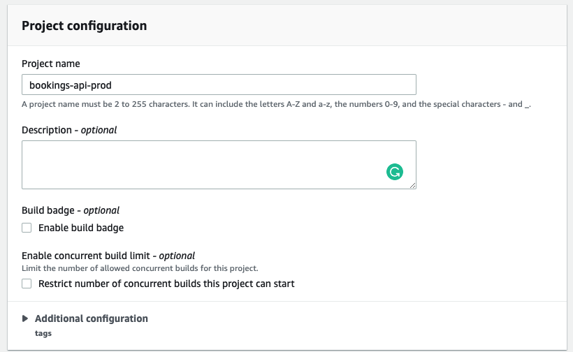 The Project configuration settings for the production CodeBuild project.