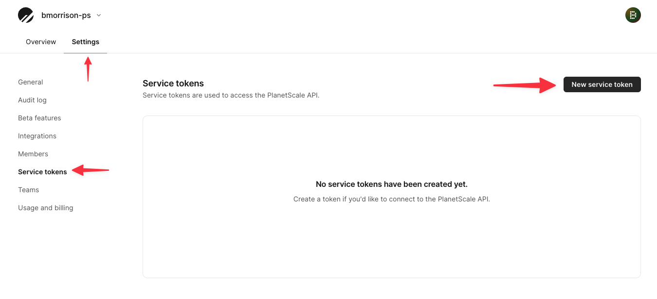 The Service tokens area of the Settings tab in PlanetScale.