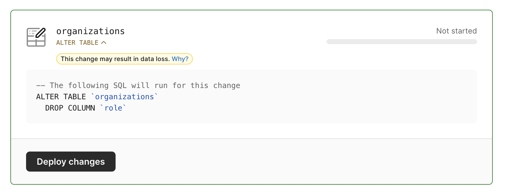 Data loss warning with example drop column SQL