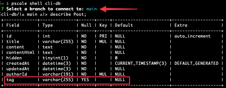 the schema of the Post table in the main branch after the deploy request was merged