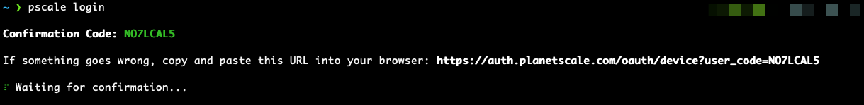 pscale login example with confirmation code