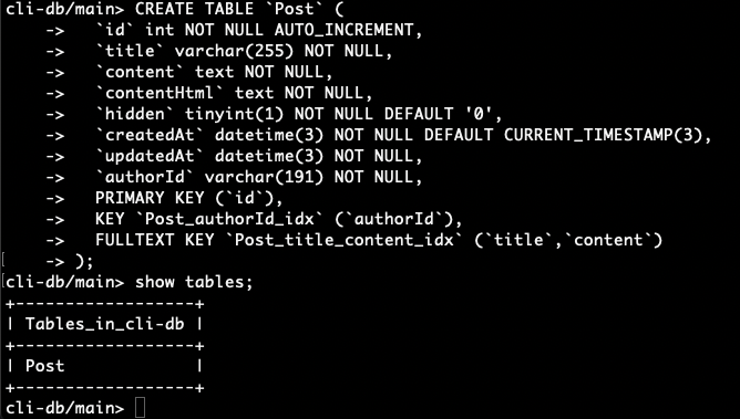 output from creating the Post table