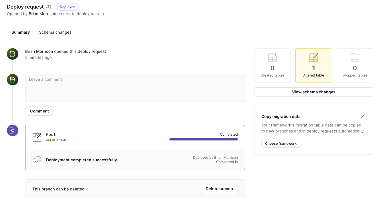 the deploy request displayed in the dashboard