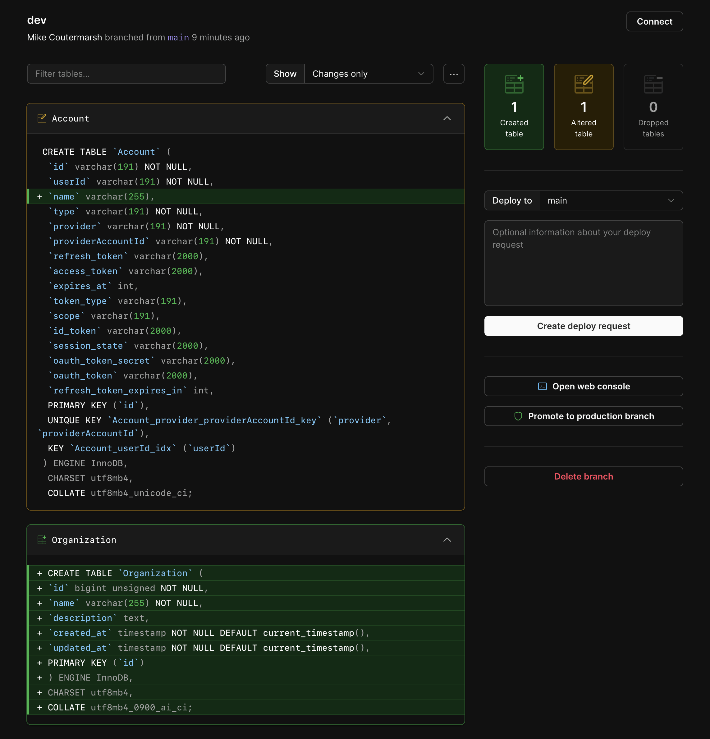 Schema diff on development branch