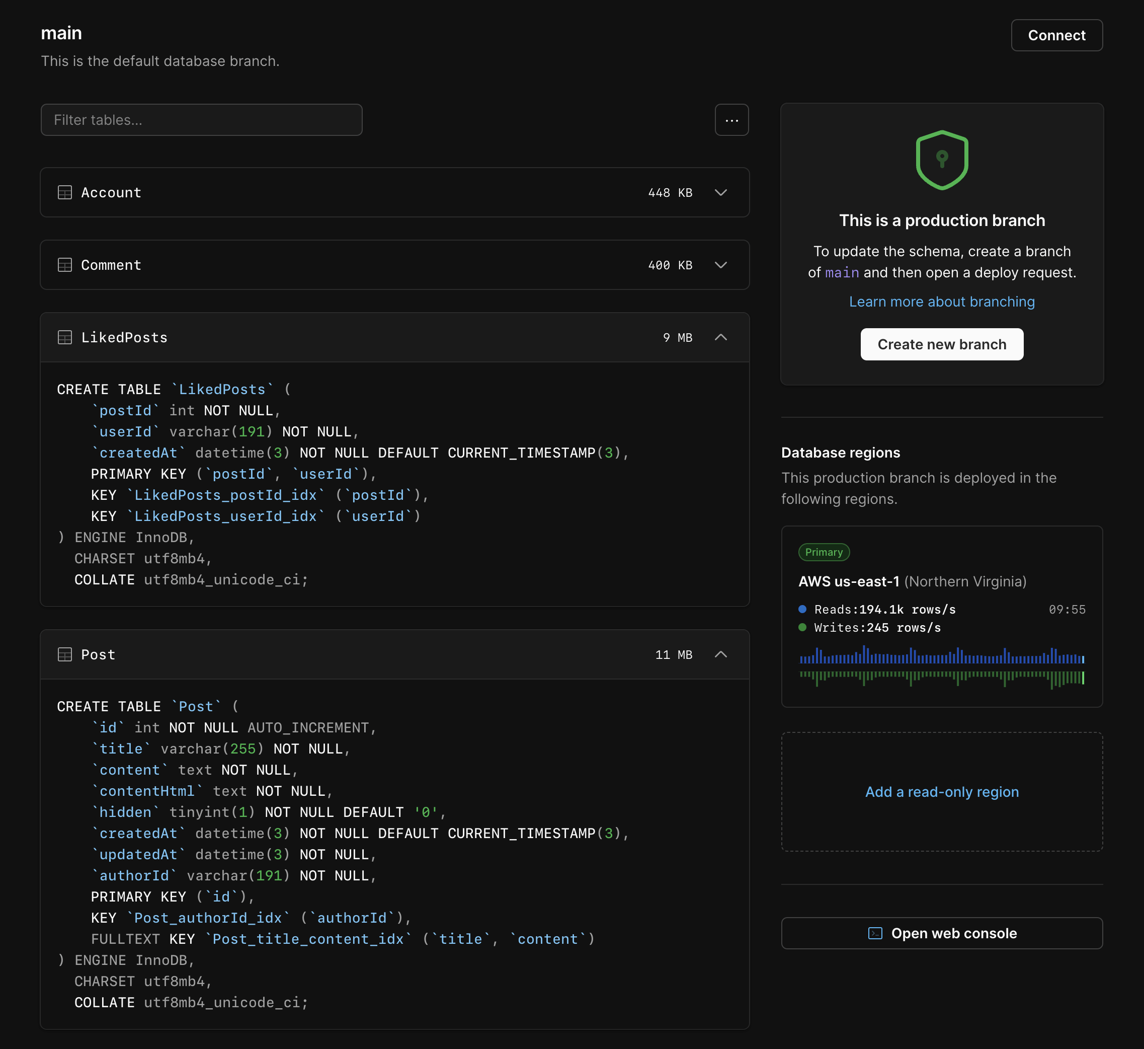 Database schema on production branch