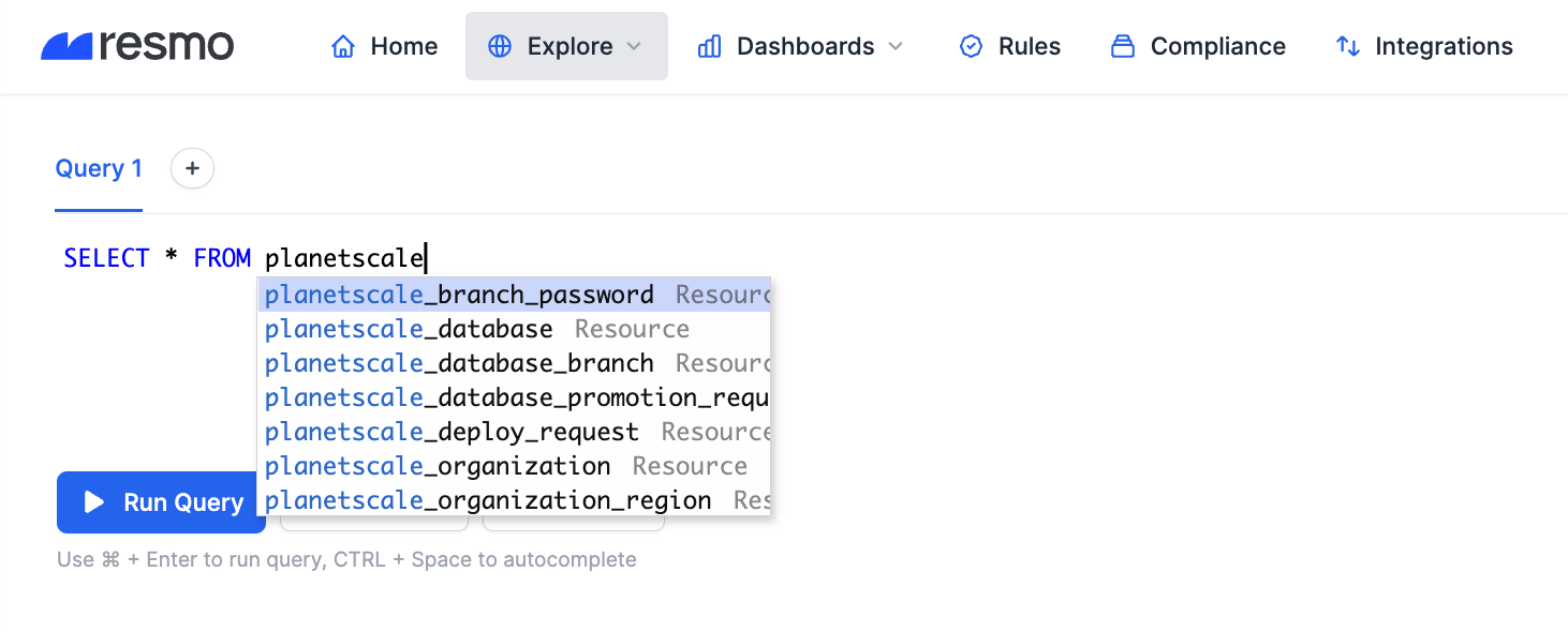 Resmo query example, using PlanetScale databases, branches, deploy requests, and more