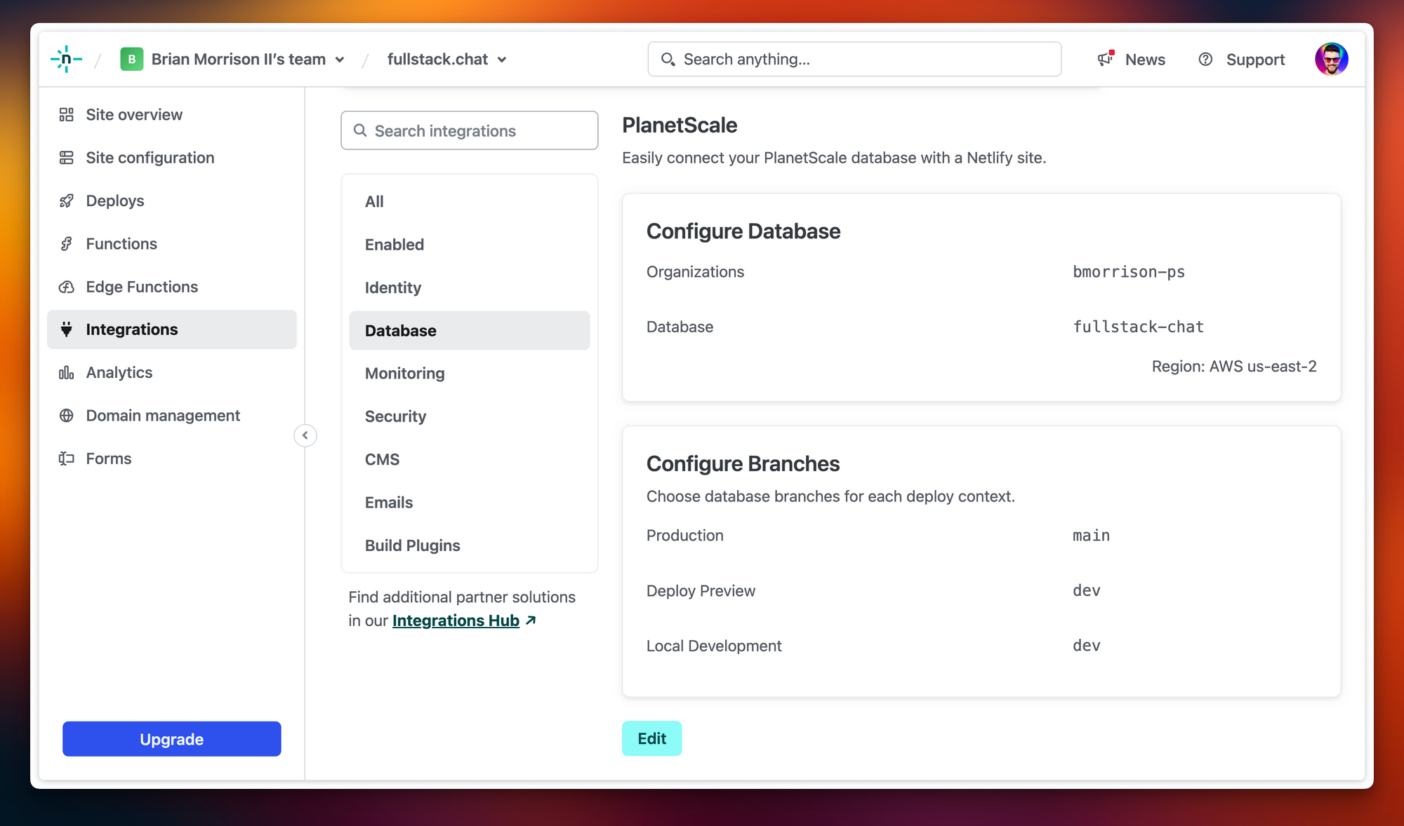 The configuration options for a PlanetScale branch in Netlify.