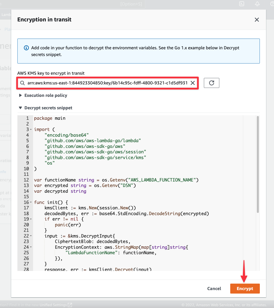 The Encryption in transit modal.