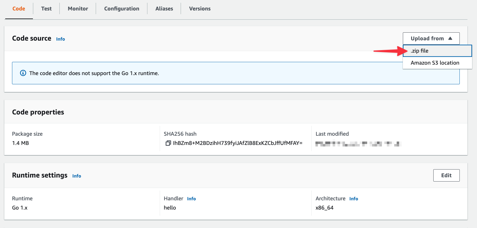 Where to upload a zip file in Lambda.