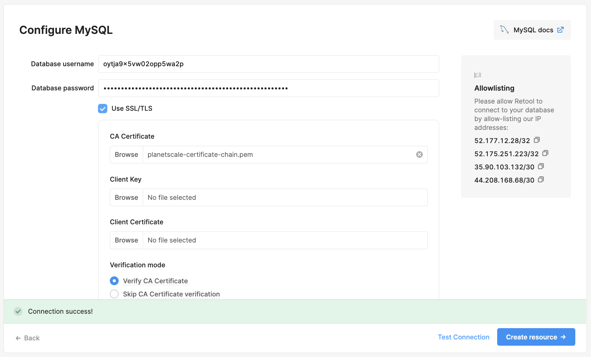 Successful connection test in Retool