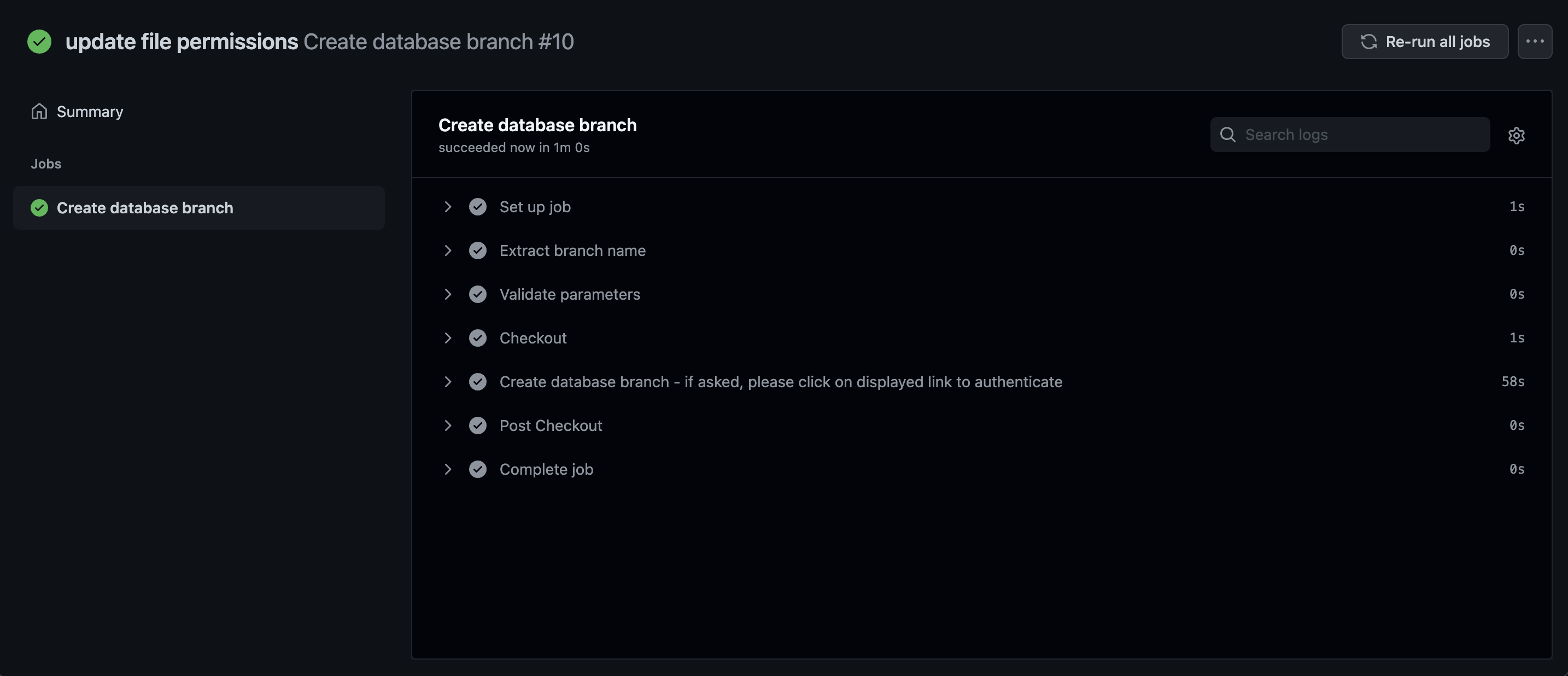 Showing the complete workflow run to create a database branch