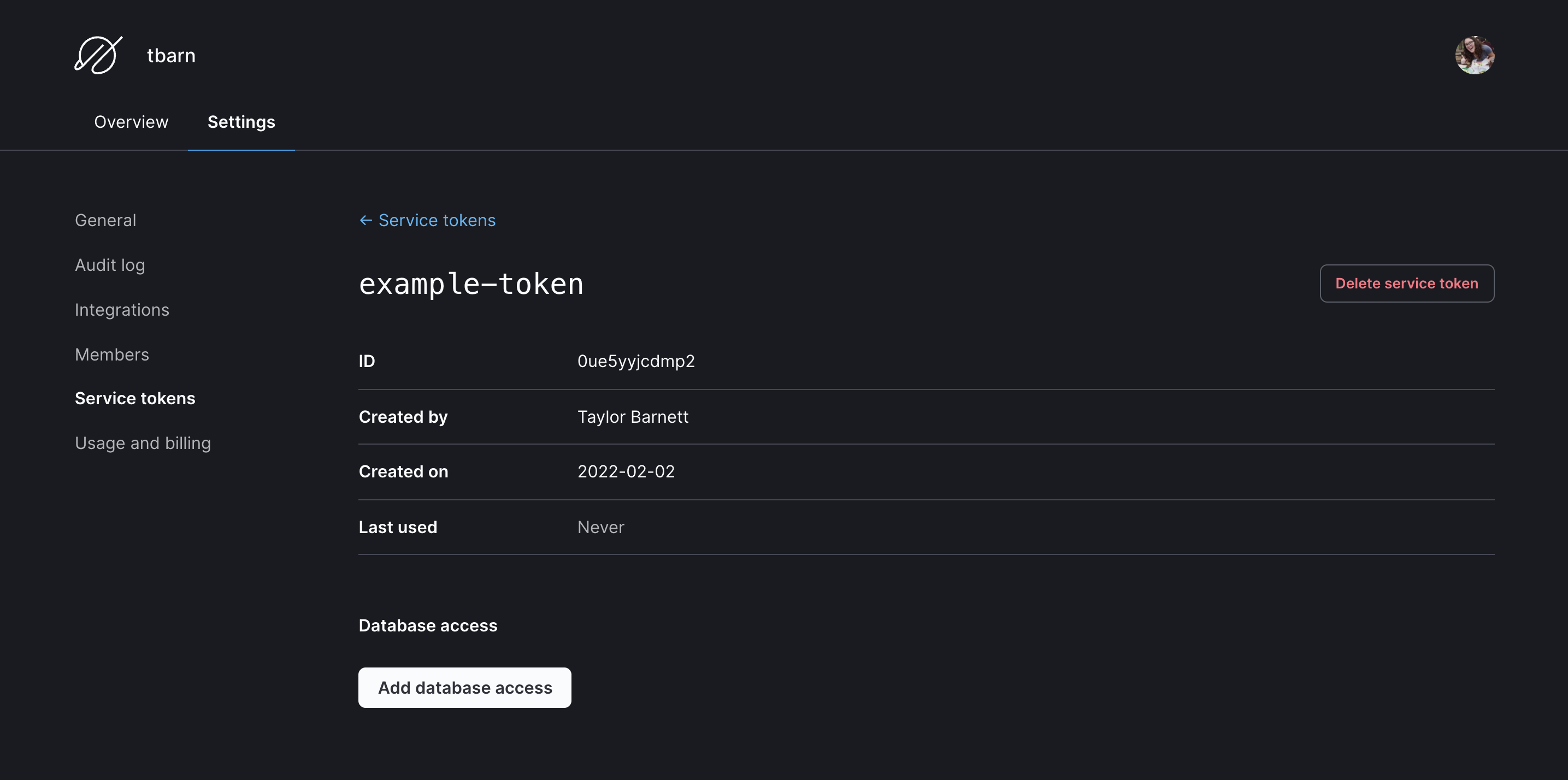 Service token page in PlanetScale Settings