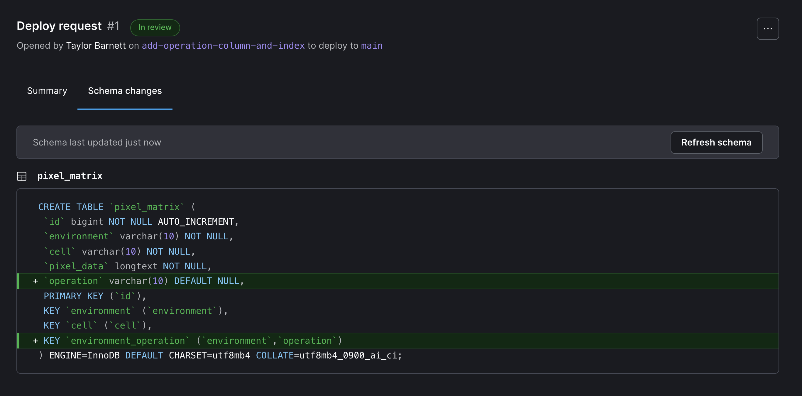 Showing the schema in PlanetScale branch