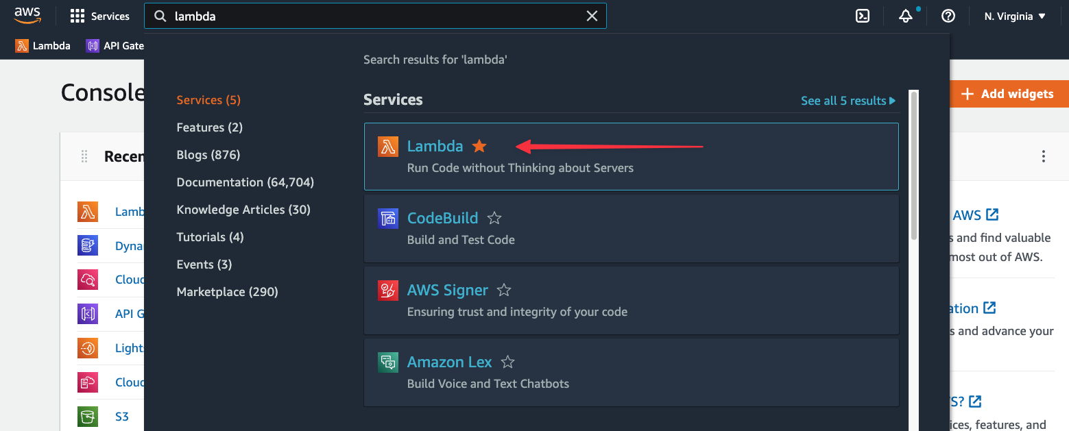 Lambda in the AWS search box.