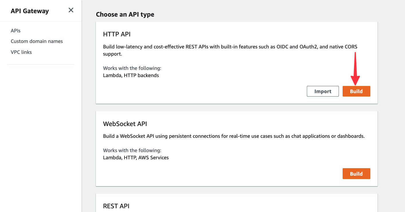 The Choose an API type step of the Create API process.