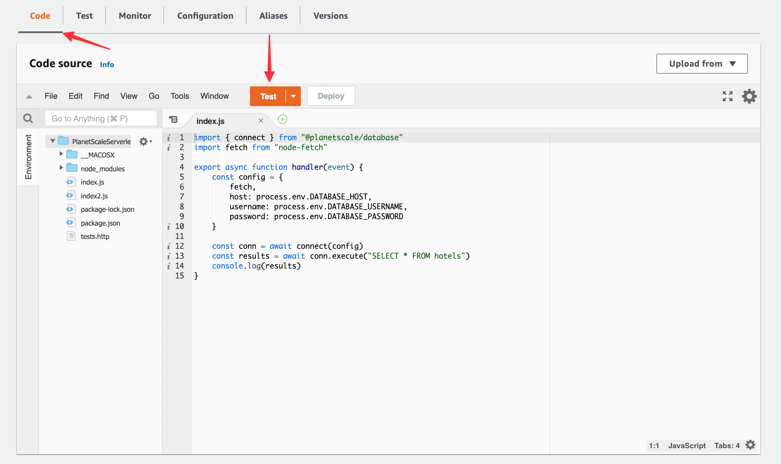 The location of the Test button in Lambda.