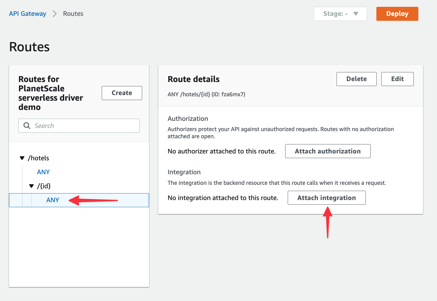 The Route details section of the new route in API Gateway.