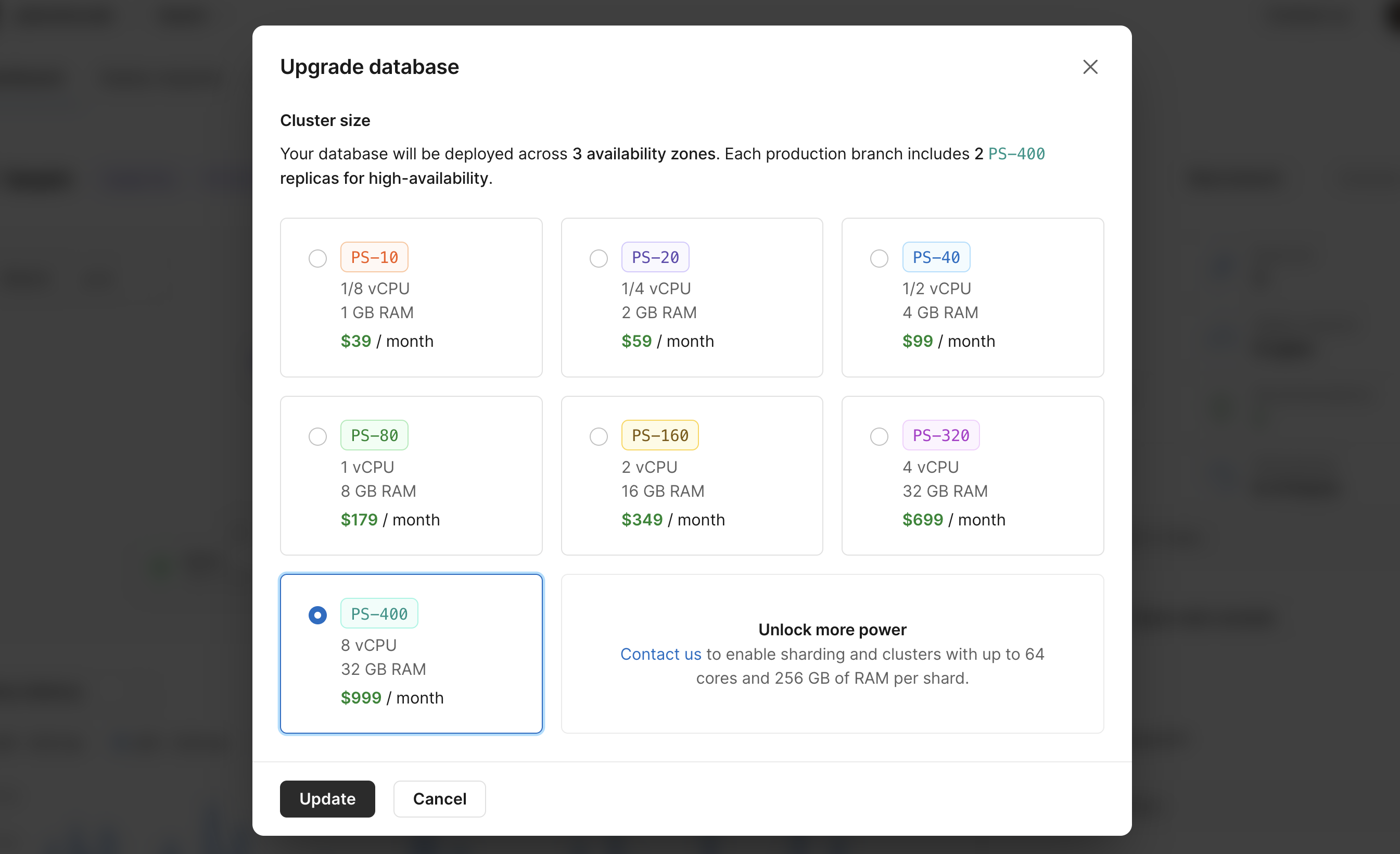 PlanetScale UI showing how to upgrade cluster sizes