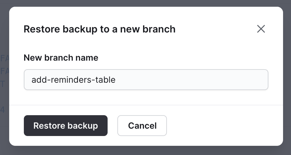 Restore backup pop-up modal