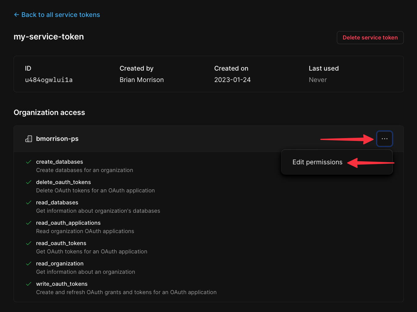 The location of the Edit permissions option for organization permissions.