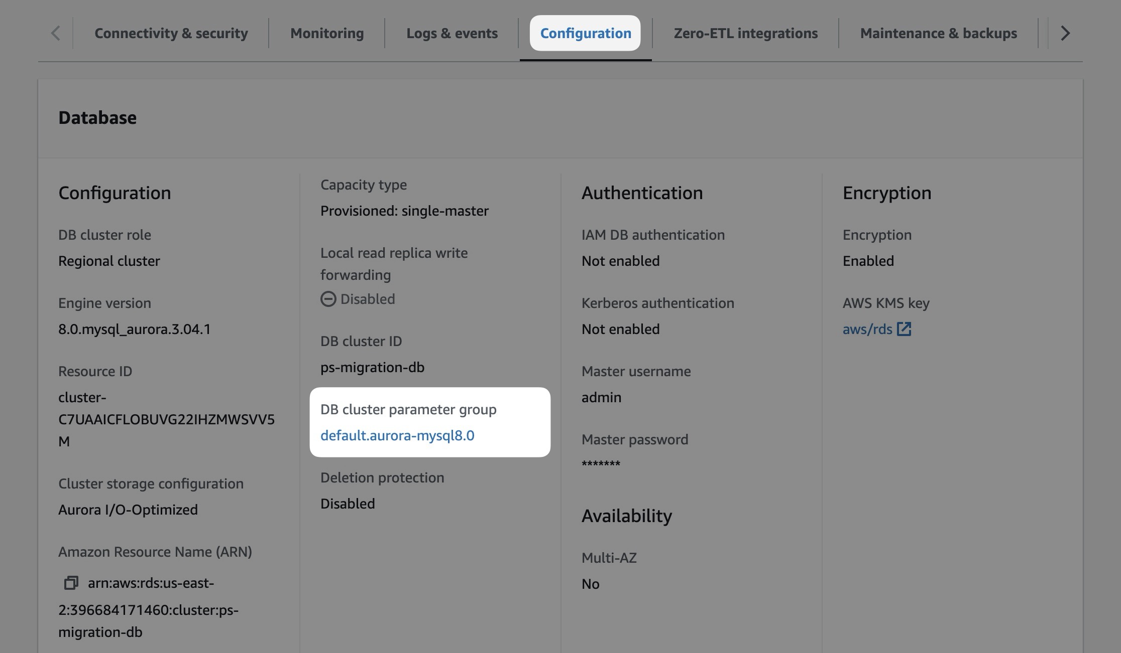 The Configuration tab of the database view in RDS.