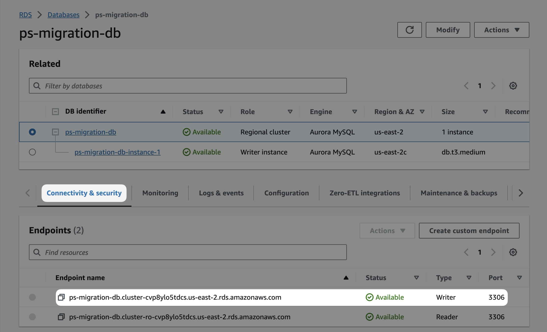 The Connectivity & security tab of the database in RDS.