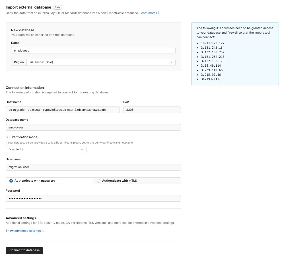 The Import external database form.