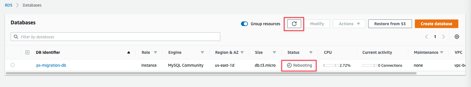 A view of the databases in RDS with status & the refresh button highlighted.