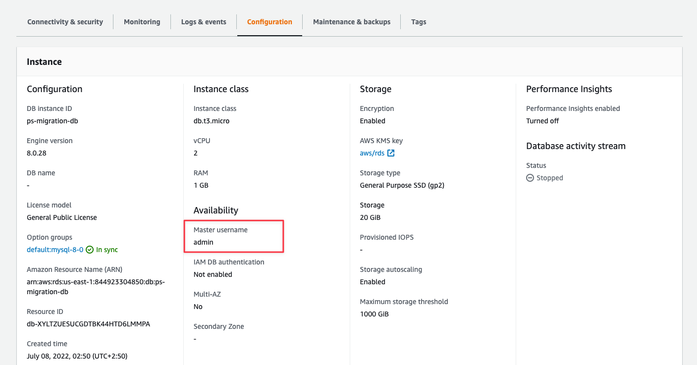 The Configuration tab of the database in RDS.