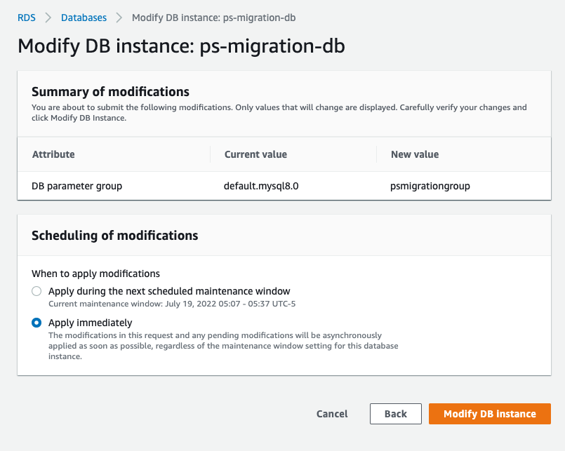 The confirmation view that is displayed when modifying RDS database settings.