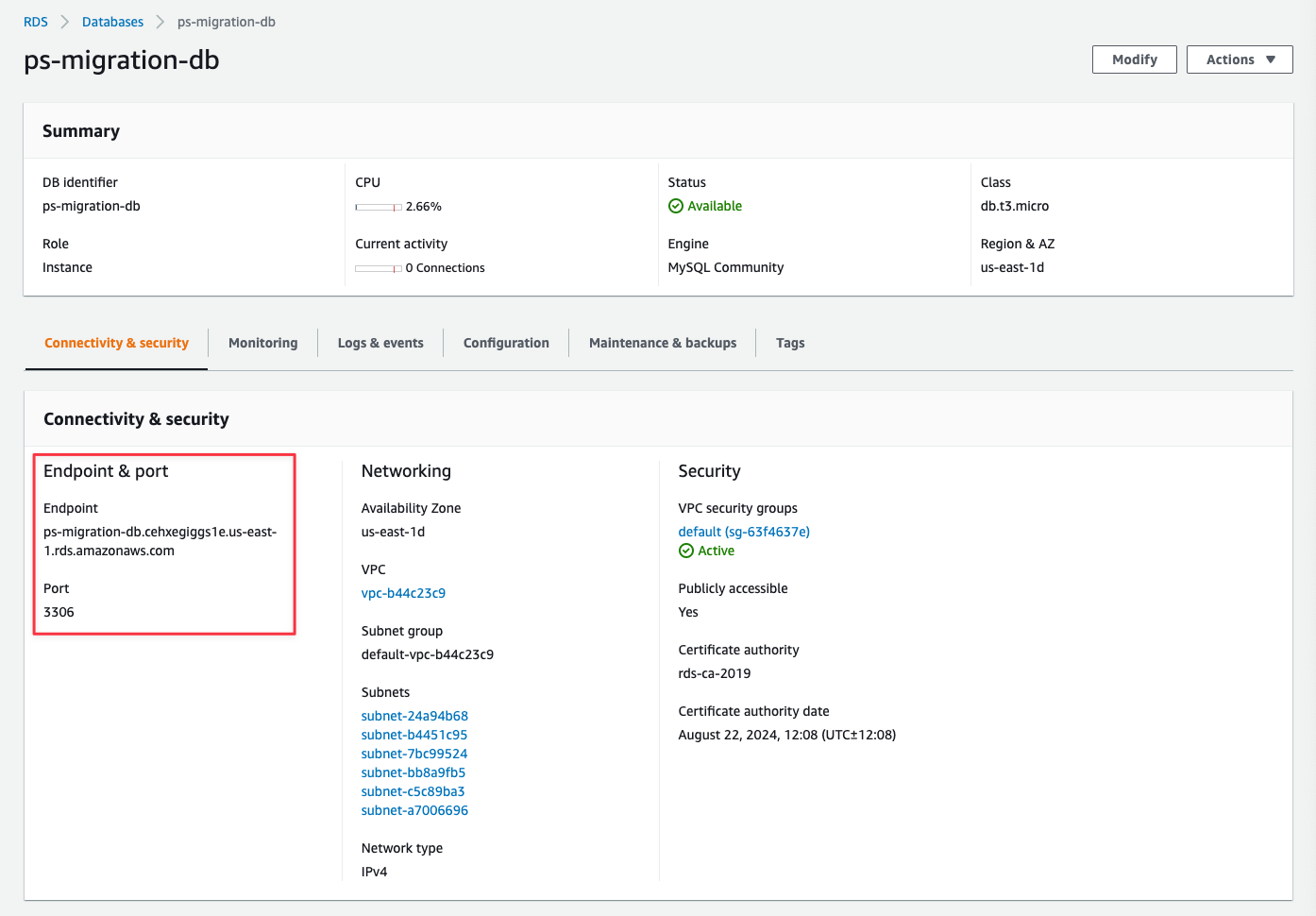 The Connectivity & security tab of the database in RDS. {priority}