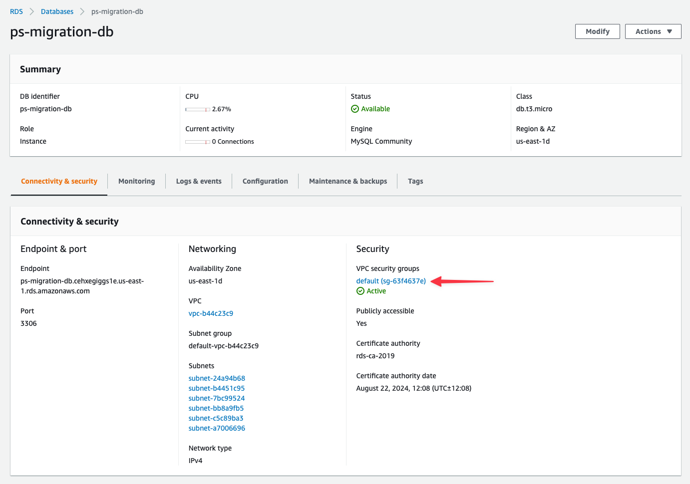 The Connectivity & security tab of the database view in RDS.