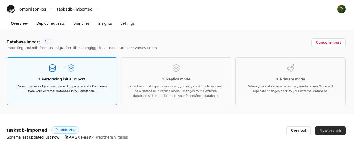 The Database import view during the initial import process.