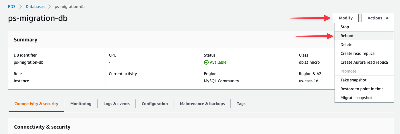 The database view & where the option to reboot the database is located.