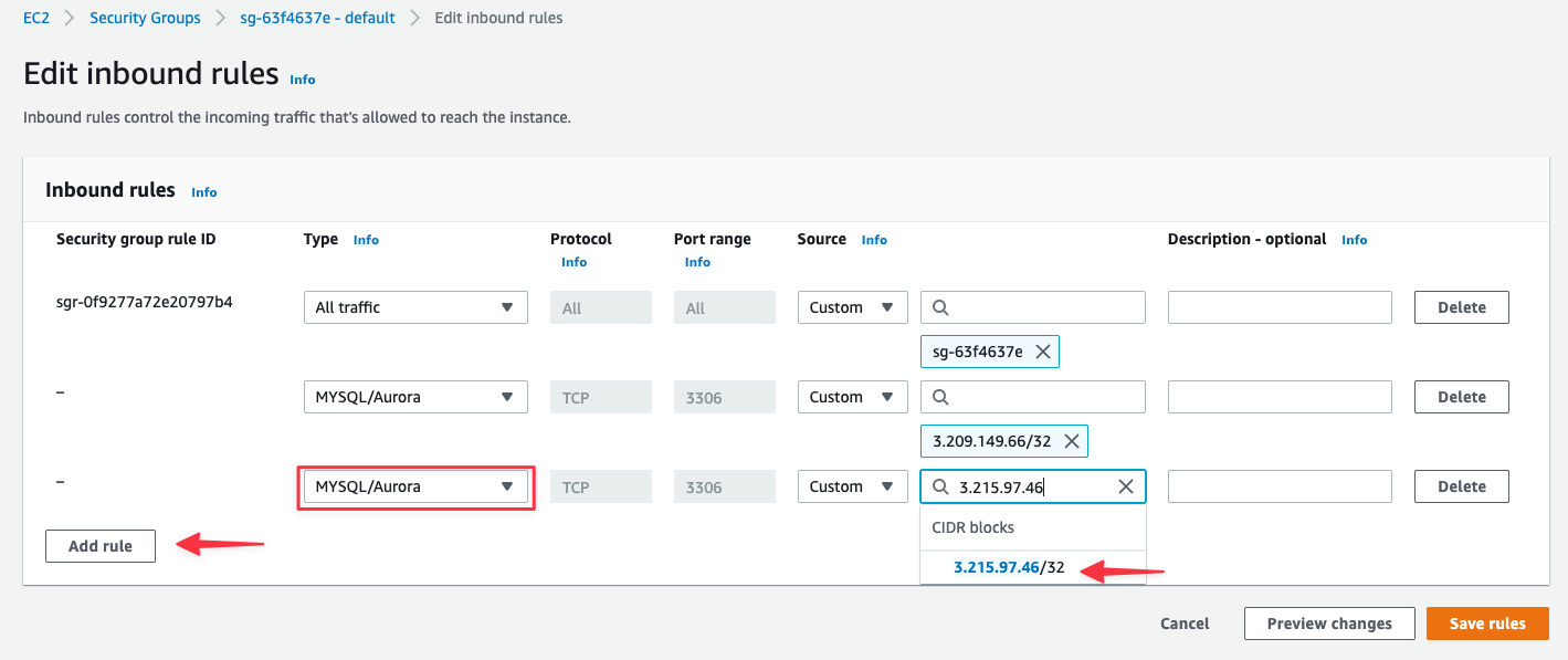 The Edit inbound rules view where source traffic can be allowed.