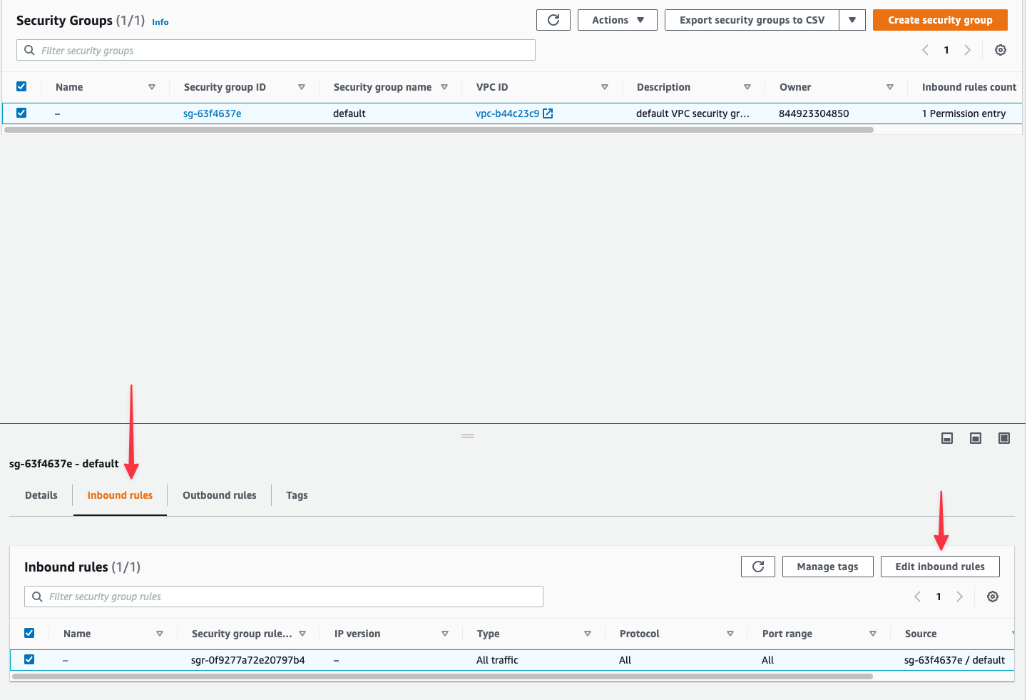 The view of security groups associated with the RDS instance.