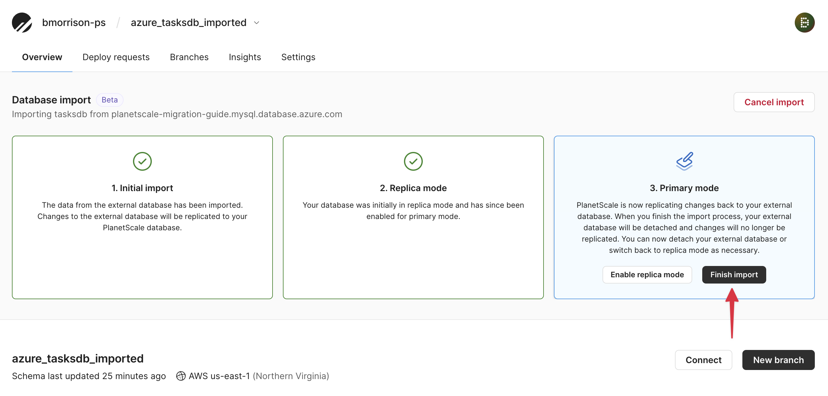 The Database import view after the PlanetScale database has been flagged as the primary database.