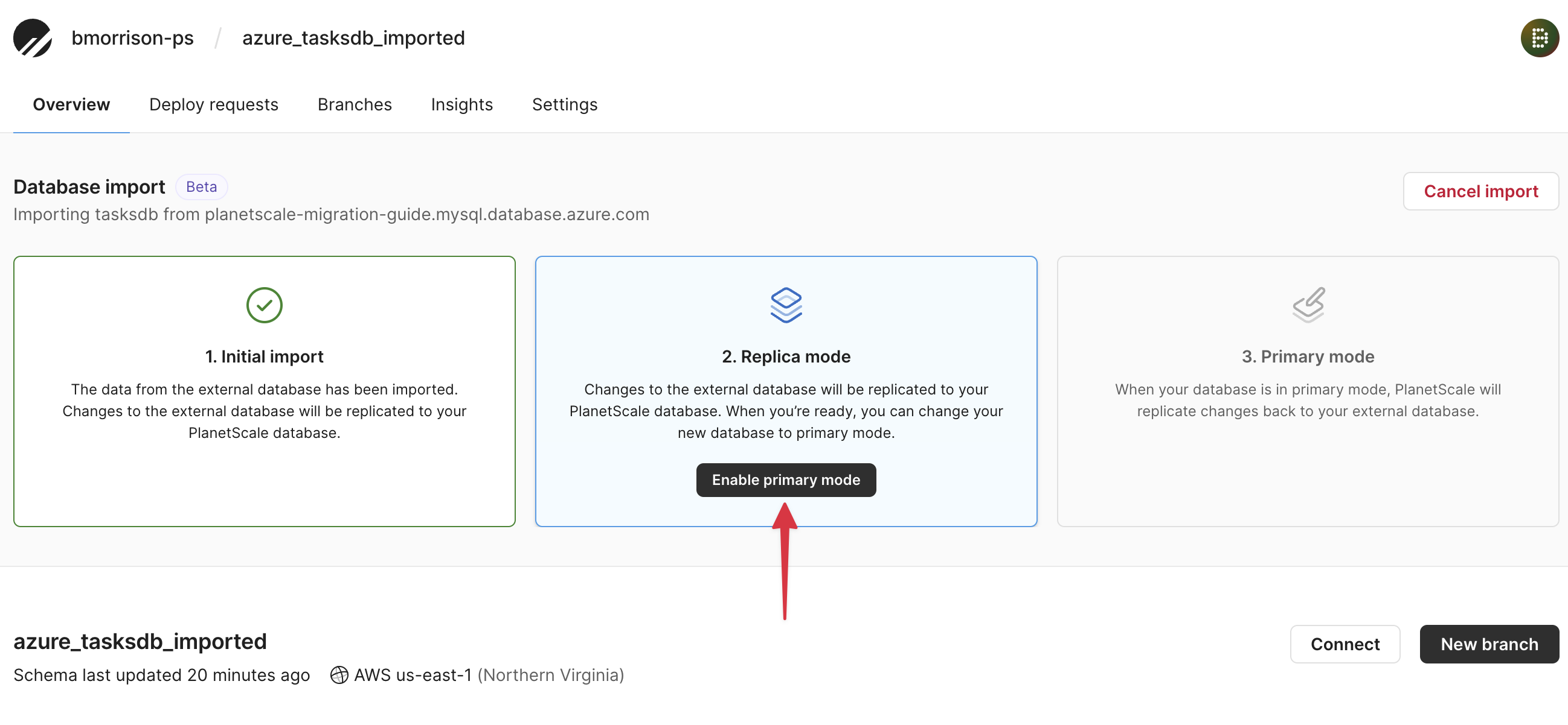 The Database import view once the initial import has been completed.