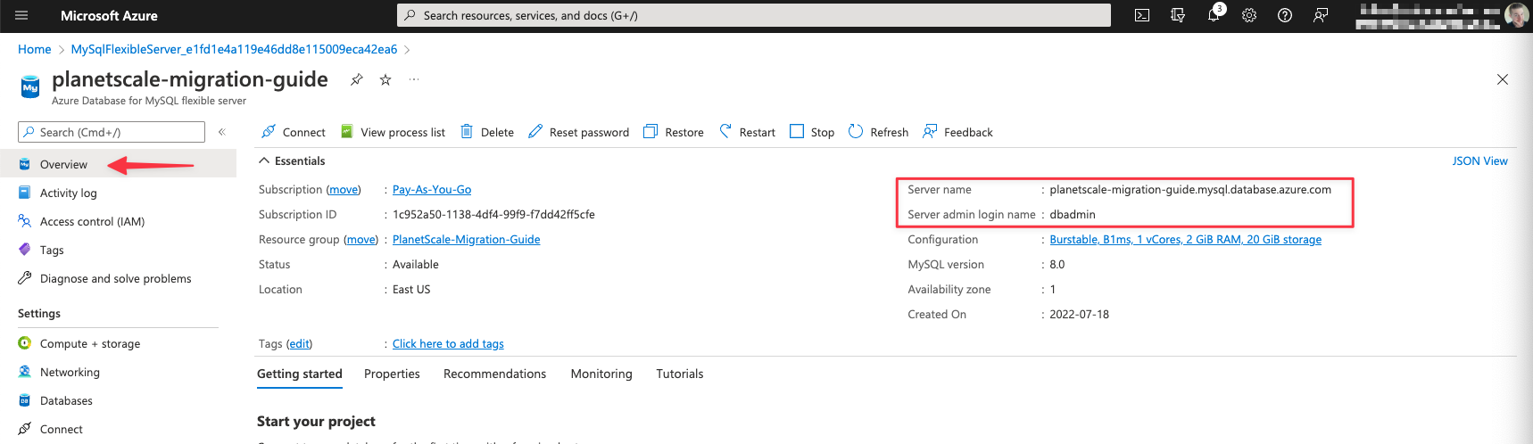 The server name and server admin login name located in the Azure dashboard. {priority}