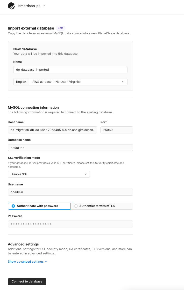 The Import external database form.