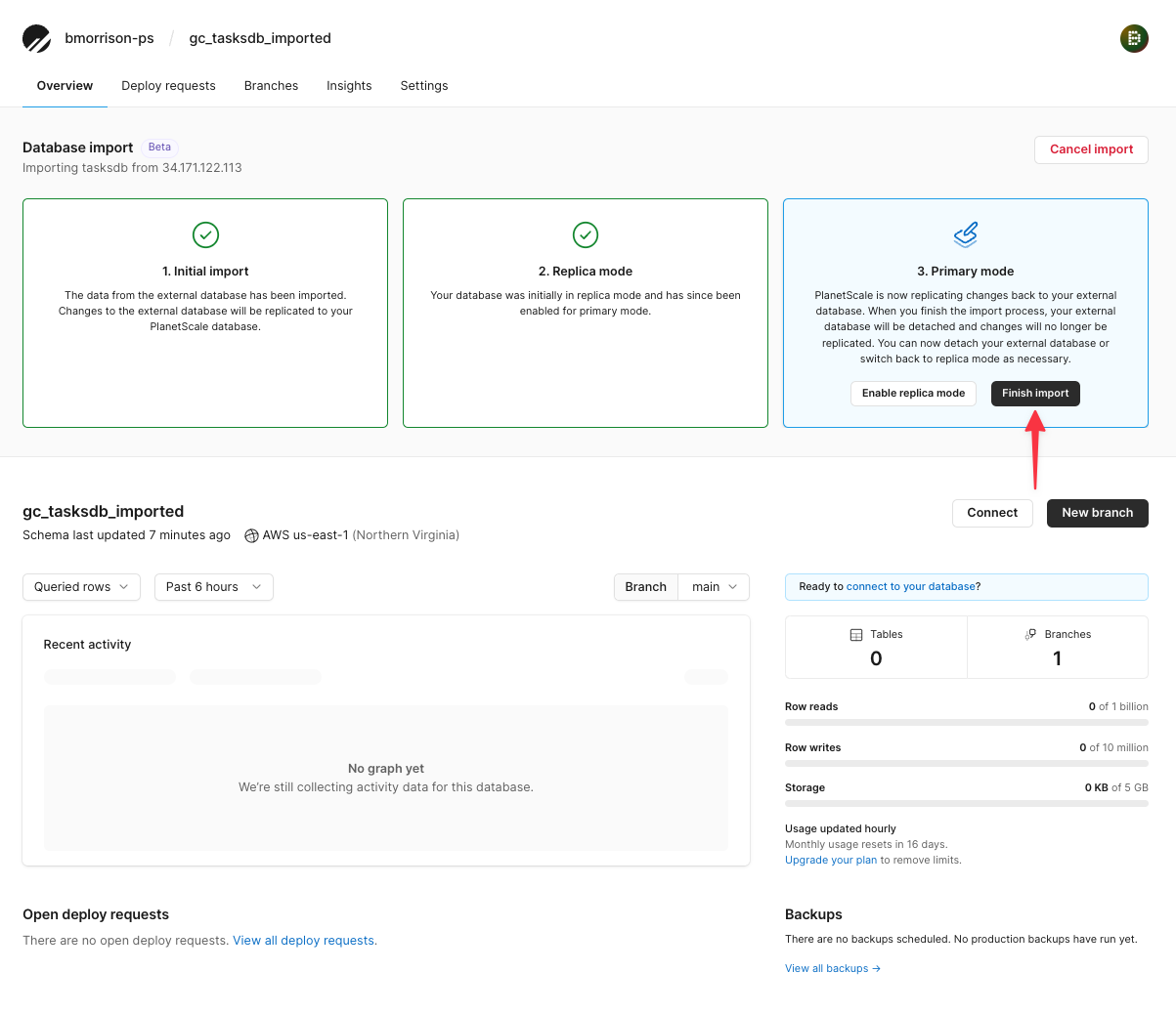 The Database import view after the PlanetScale database has been flagged as the primary database.