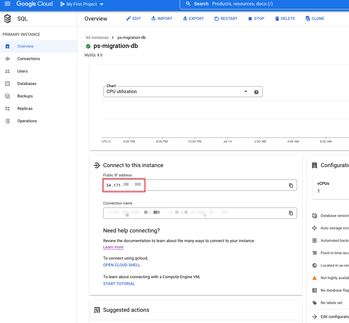 The GCP CloudSQL console with the IP address highlighted. {priority}