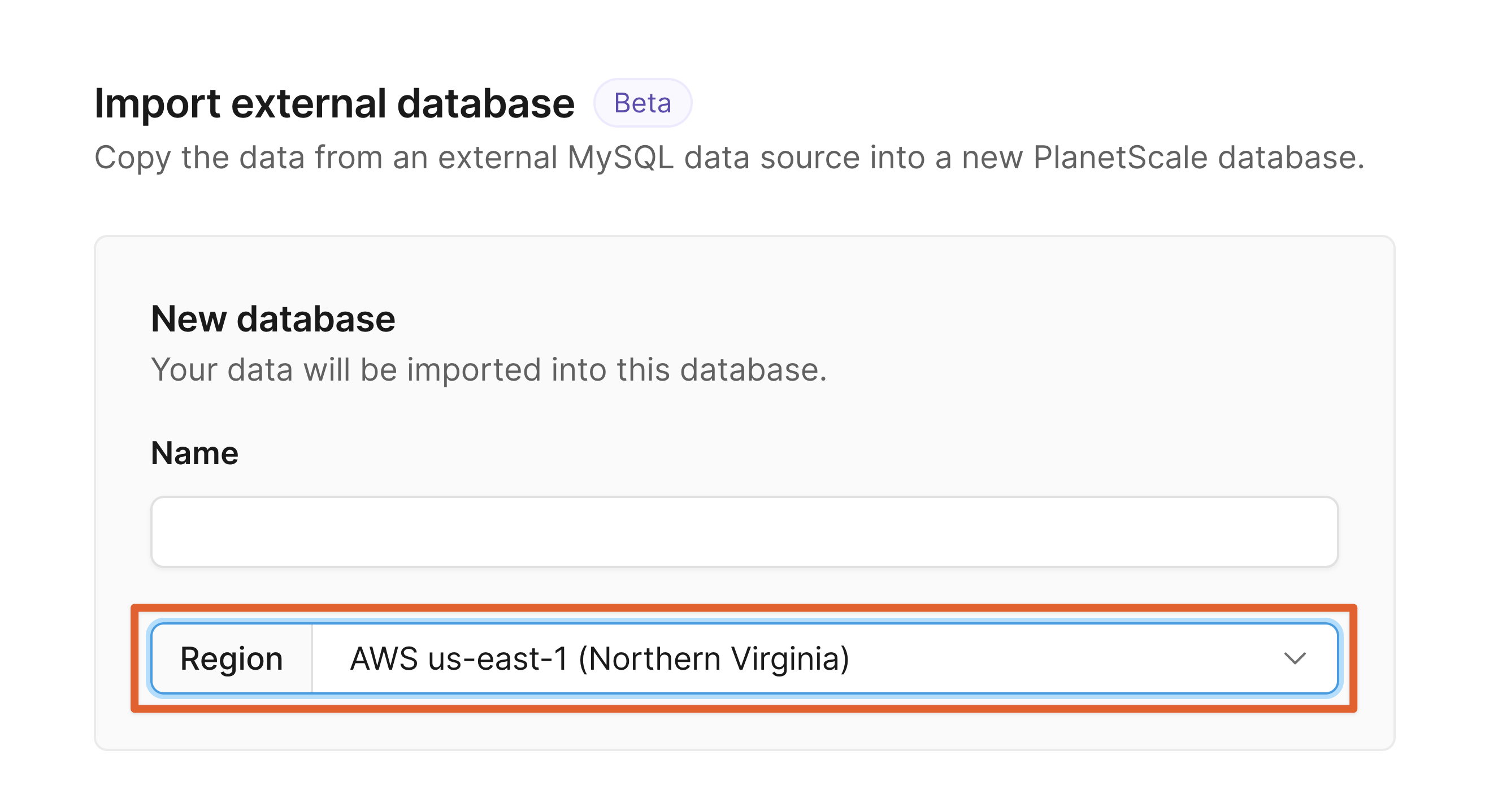 The New database section of the Import database tool. {priority}