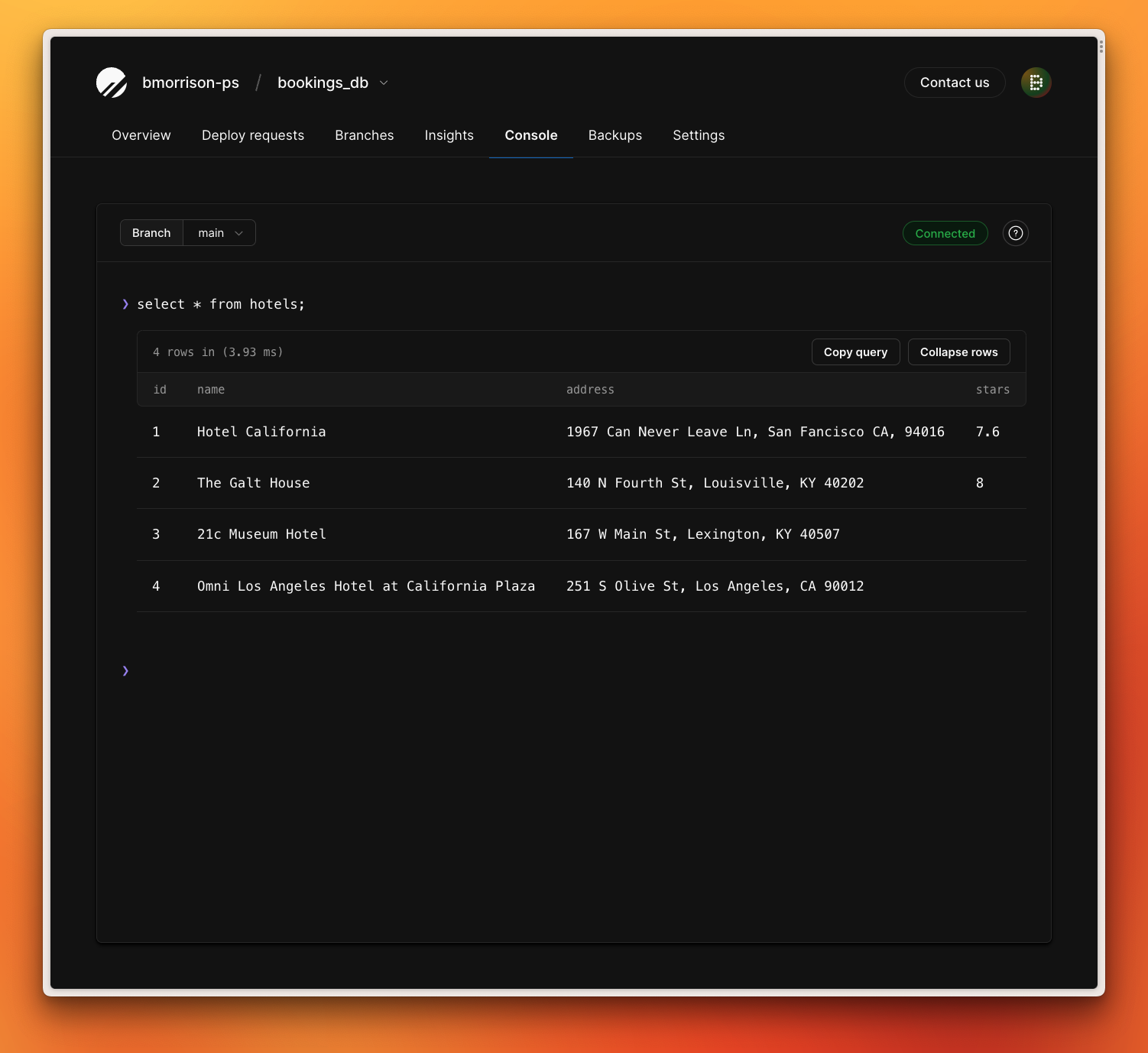 The select query from the PlanetScale console