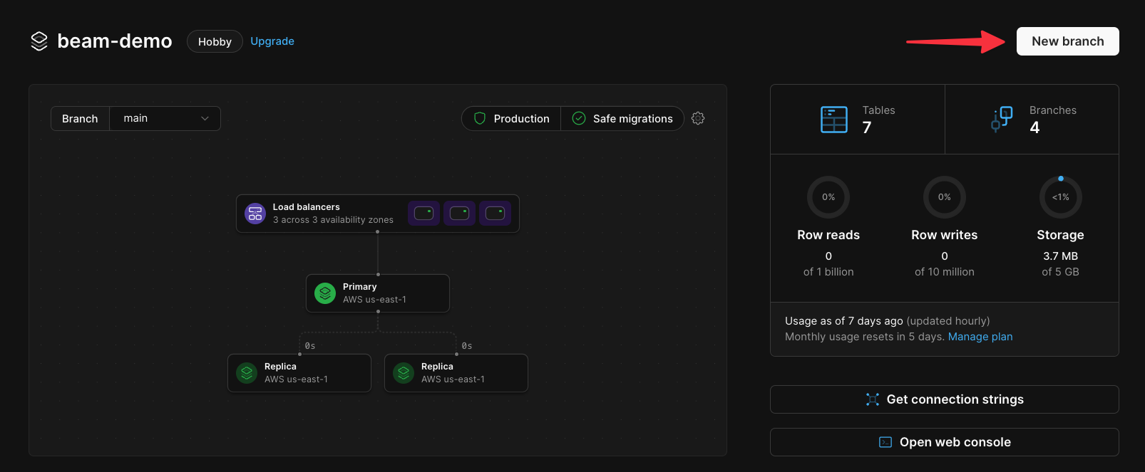 The production branch UI card with the Create new branch button highlighted.