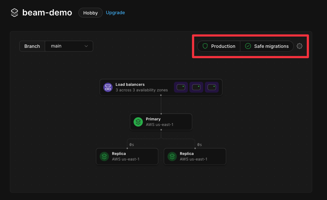 The production branch UI card with safe migrations enabled.