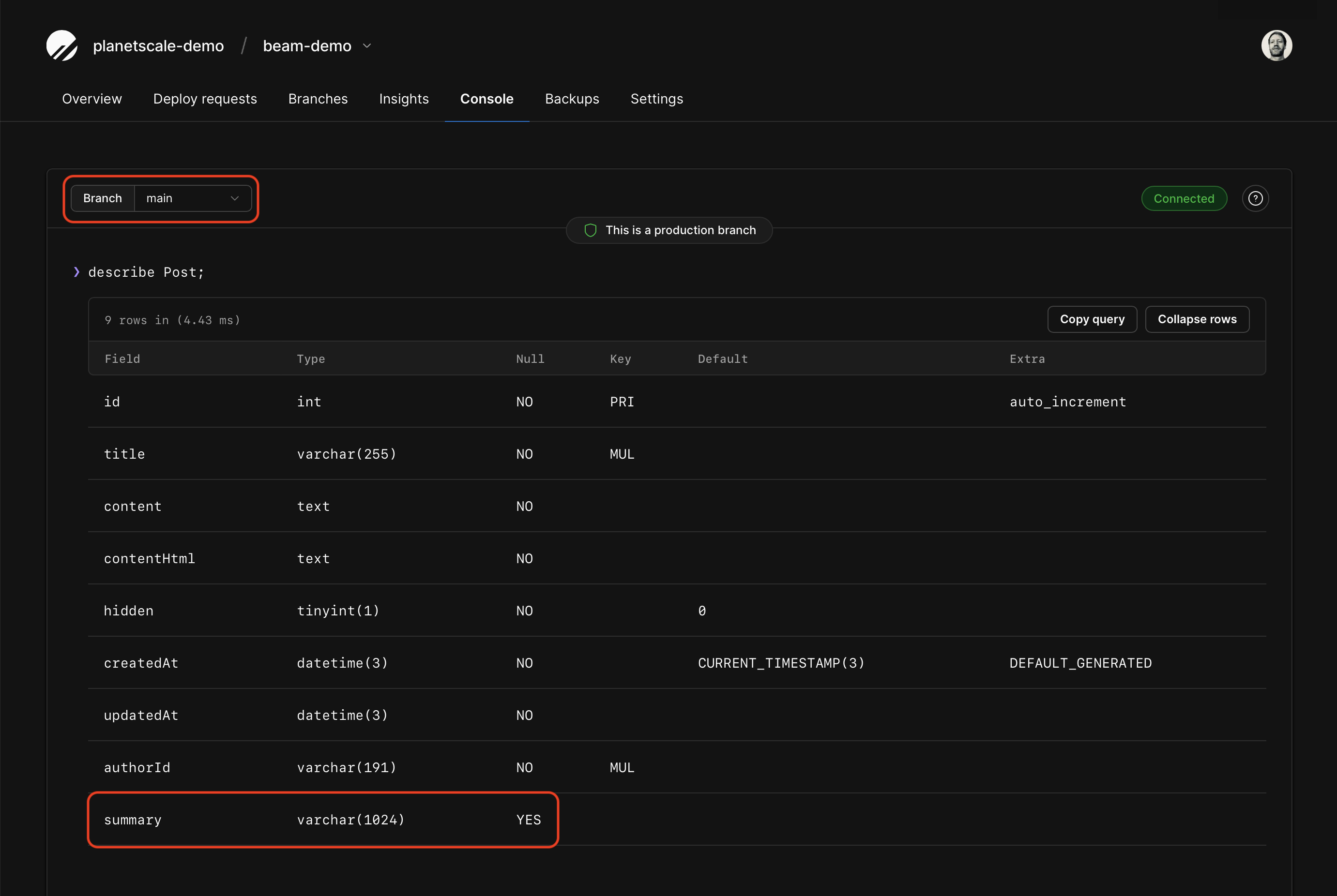 The console of the main branch after changes have been deployed.