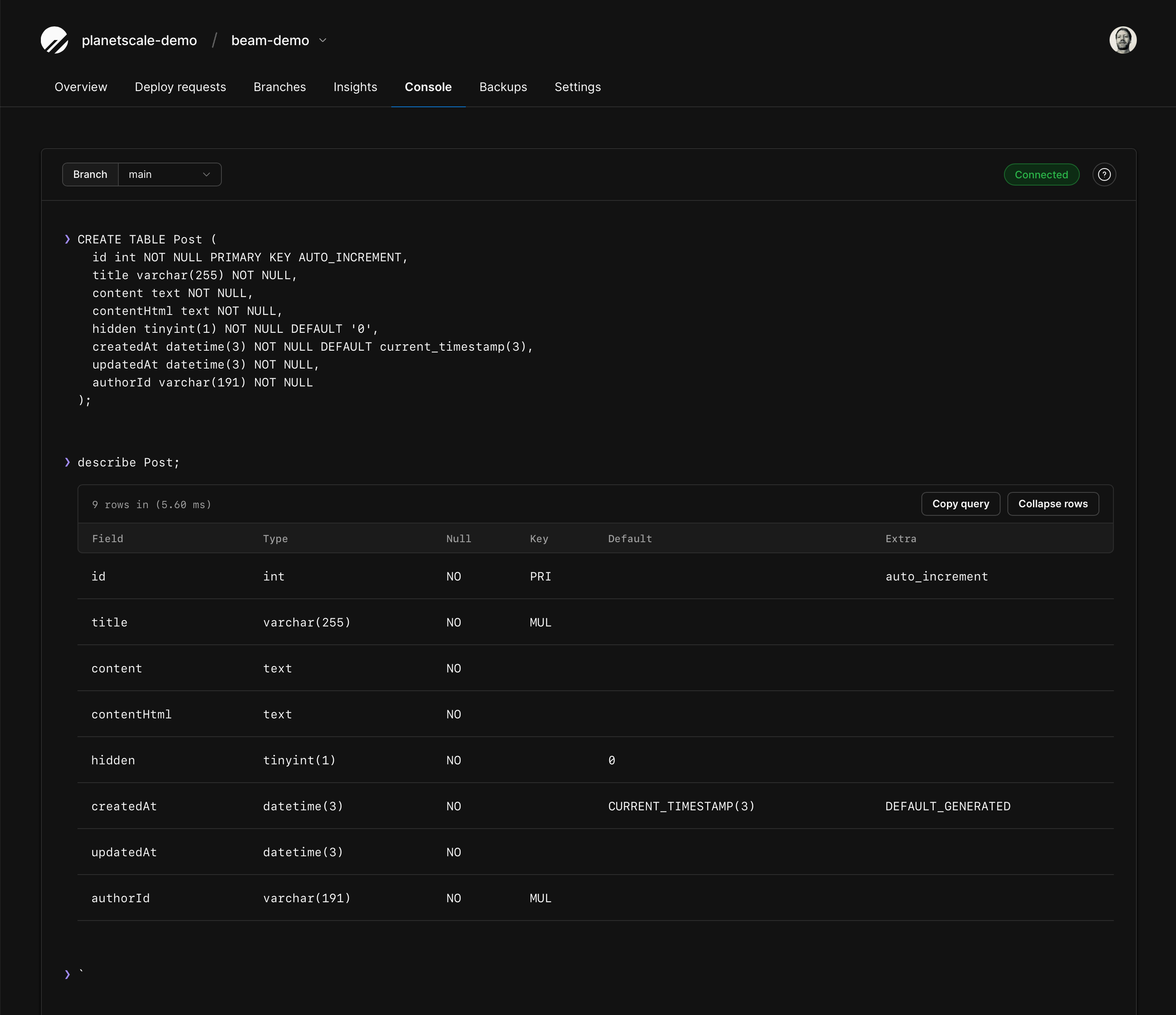 The Console view of a database branch, with the output of the CREATE TABLE statement.